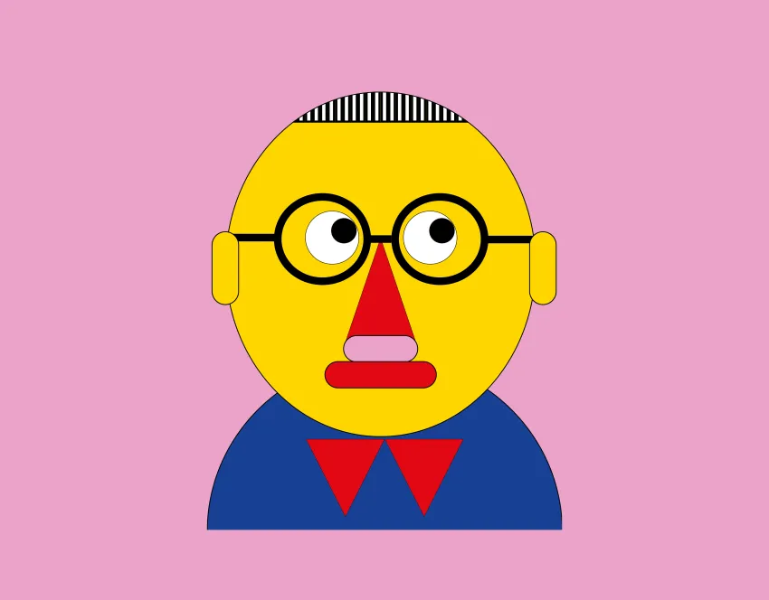 Illustration einer Person mit gelbem Gesicht, runder Brille, roter Nase und blauem Oberteil. Der Hintergrund ist rosa.