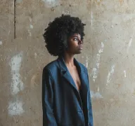 Eine Person trägt einen dunkelblauen Blazer und steht vor einer hellen Wand.