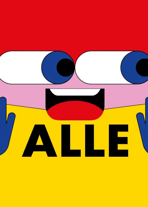 Illustration mit vier großen Augen, einem Mund, zwei blauen Händen sowie dem Wort ALLE auf gelbem Hintergrund.