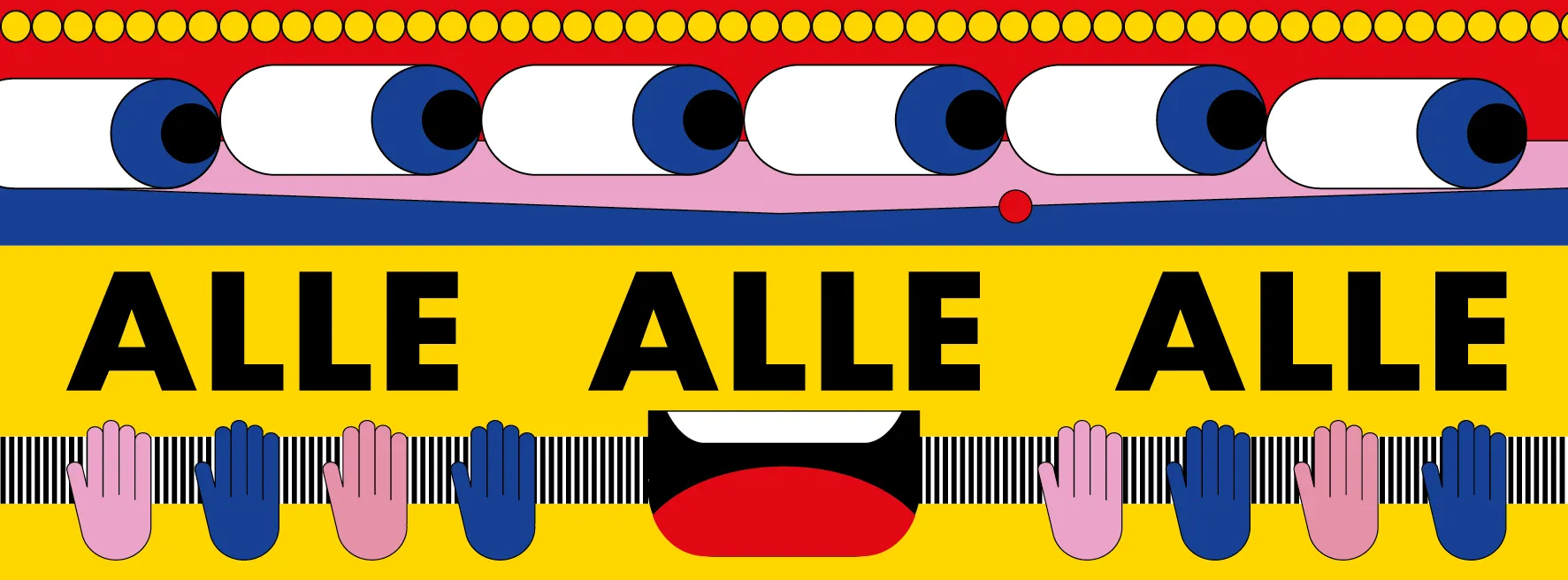 Mehrfarbige Illustration mit einem Augenpaar und einem geöffneten, lachenden Mund und der Aufschrift des Festivalmotto des Brechtfestivals 2026. Dieses lautet: ALLE