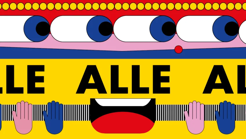 Mehrfarbige Illustration mit einem Augenpaar und einem geöffneten, lachenden Mund und der Aufschrift des Festivalmotto des Brechtfestivals 2026. Dieses lautet: ALLE