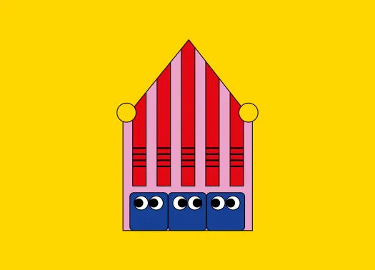 Illustration des Festivalzentrums vor gelbem Hintergrund.