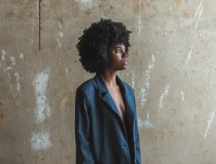 Eine Person trägt einen dunkelblauen Blazer und steht vor einer hellen Wand.