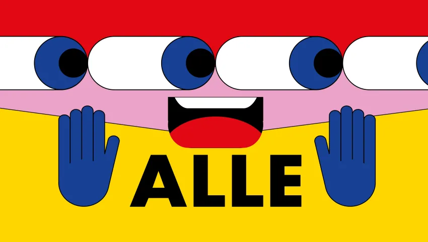 Illustration mit vier großen Augen, einem Mund, zwei blauen Händen sowie dem Wort ALLE auf gelbem Hintergrund.