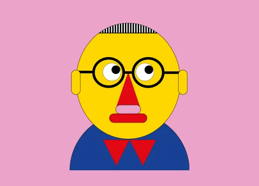 Illustration einer Person mit gelbem Gesicht, runder Brille, roter Nase und blauem Oberteil. Der Hintergrund ist rosa.