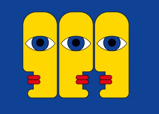 Illustration von drei gelben, in die länge gestreckten Köpfen mit Kussmund und jeweils nur einem großen Auge