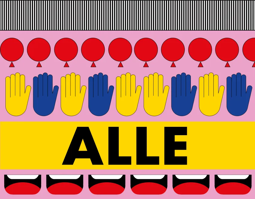 Einige rote Luftballons, darunter gelbe und blaue Hände, das Wort ALLE sowie sechs Münder.