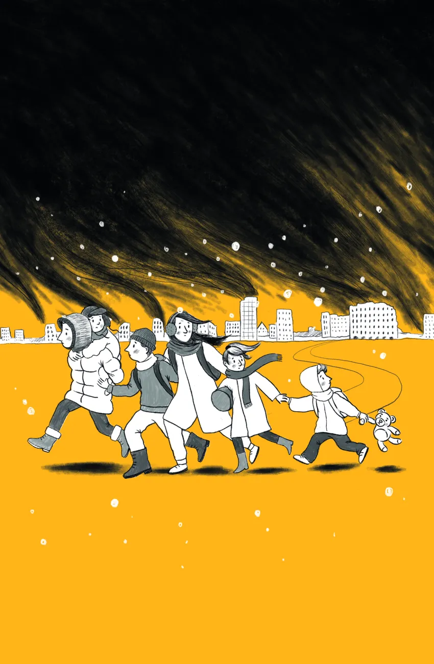 Illustration einer Gruppe von rennenden Kindern, während es schneit.