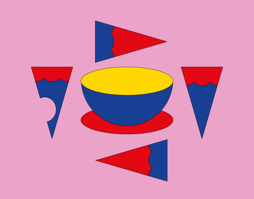 Illustration einer Tasse, die von vier Kuchenstücken umgeben ist, wovon eins abgebissen ist.