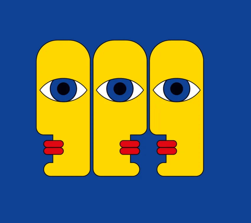 Illustration von drei gelben, in die länge gestreckten Köpfen mit Kussmund und jeweils nur einem großen Auge