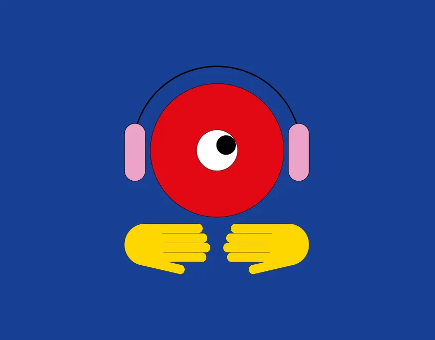 Eine rote DJ-Platte mit einem Auge, zwei gelben Händen und Kopfhörern. Der Hintergrund ist blau.