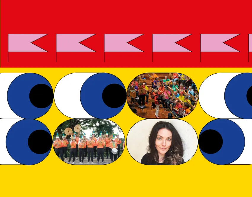 Illustration von fünf blauen Augen, die eine Blaskapelle, ein Orchester und eine Person mit dunklen Haaren umgeben. Darüber einige rosa Flaggen.