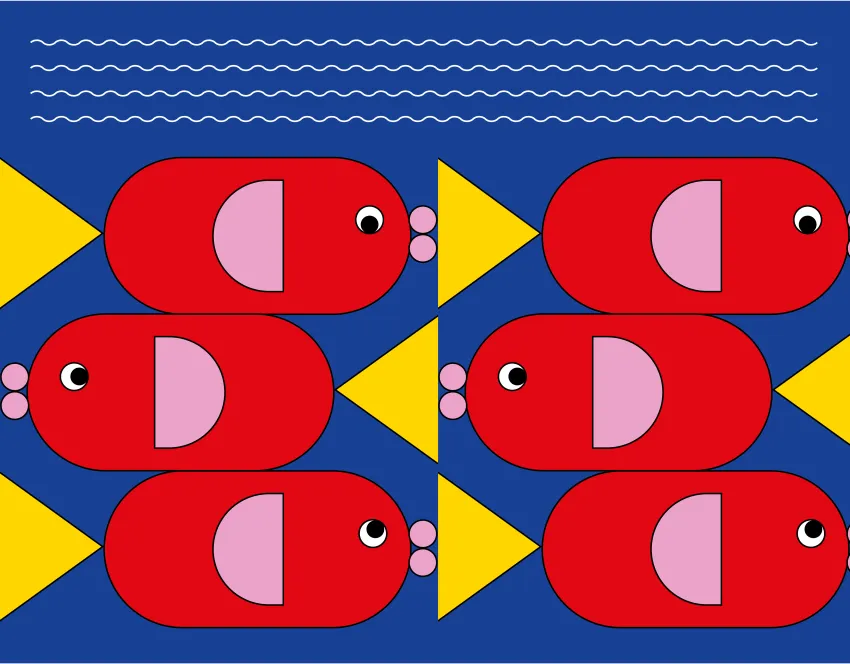 Illustration von sechs roten Fischen mit rosa und gelben Flossen, die auf blauem Hintergrund schwimmen. Oben sind weiße Wellenlinien.