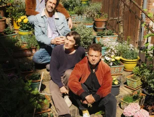 Vier Personen sitzen hintereinander auf einer Treppe, umgeben von Pflanzen.