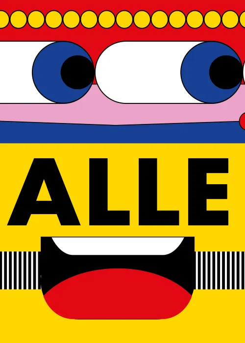 Illustration mit mehreren großen Augen, Händen, einem Mund sowie dem Wort ALLE auf gelbem Hintergrund.