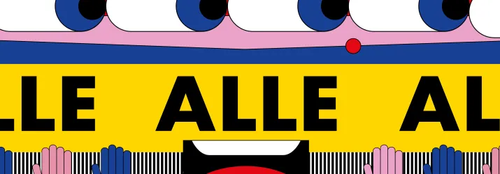 Illustration mit mehreren großen Augen, Händen, einem Mund sowie dem Wort ALLE auf gelbem Hintergrund.