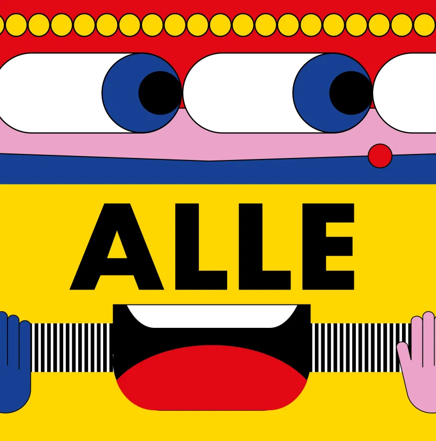 Illustration mit mehreren großen Augen, Händen, einem Mund sowie dem Wort ALLE auf gelbem Hintergrund.