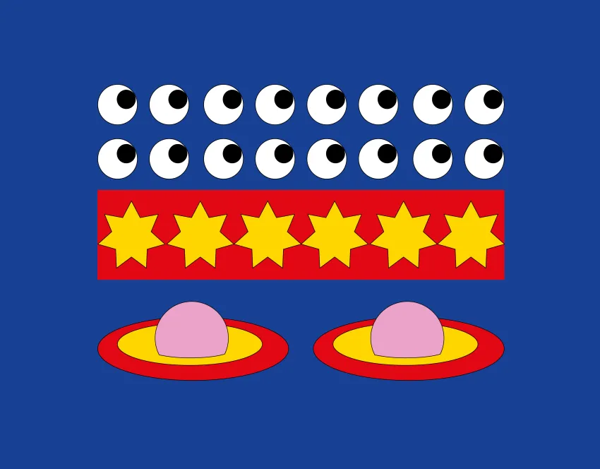 Zwei Saturn-Planeten mit rosa Kugeln und gelb-roten Ringen, darüber eine rote Leiste mit gelben Sternen und zwei Reihen mit je acht Augen. Der Hintergrund ist blau.