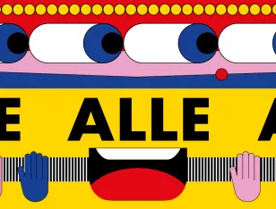 Mehrfarbige Illustration mit einem Augenpaar und einem geöffneten, lachenden Mund und der Aufschrift des Festivalmotto des Brechtfestivals 2026. Dieses lautet: ALLE