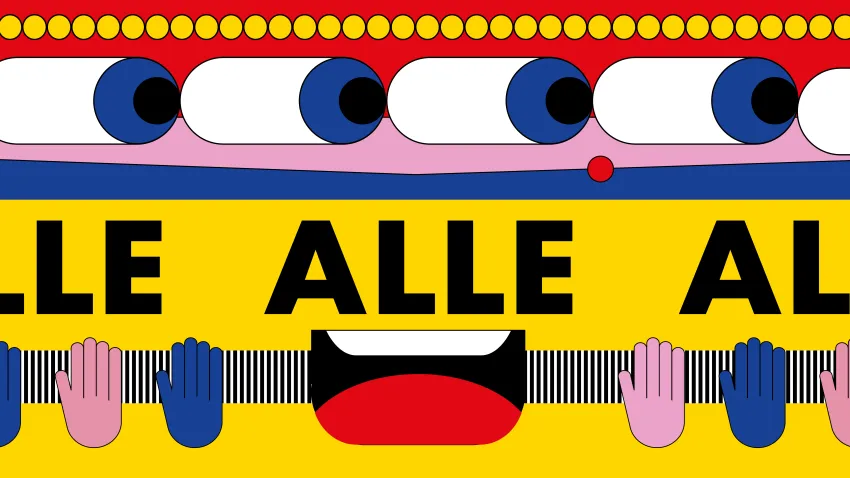 Illustration mit mehreren großen Augen, Händen, einem Mund sowie dem Wort ALLE auf gelbem Hintergrund.