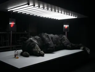 Ein schwarzer Wolf liegt auf einer beleuchteten Fläche. Neben ihm eine halbvolle Flasche und ein halbvolles Glas mit brauner Flüssigkeit.