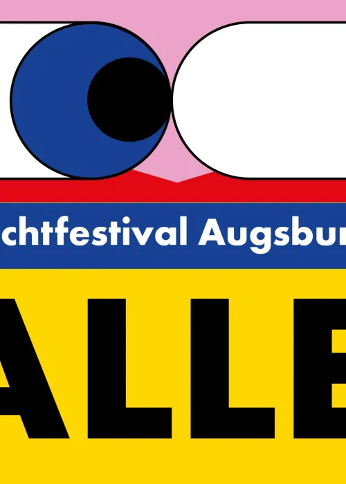 Bunte Illustration mit Augen, farbigen Händen und den Schriftzügen, Brechtfestival Augsburg, dem Motto alle und dem Festivalzeitraum 27.2. bis 8.3.2026