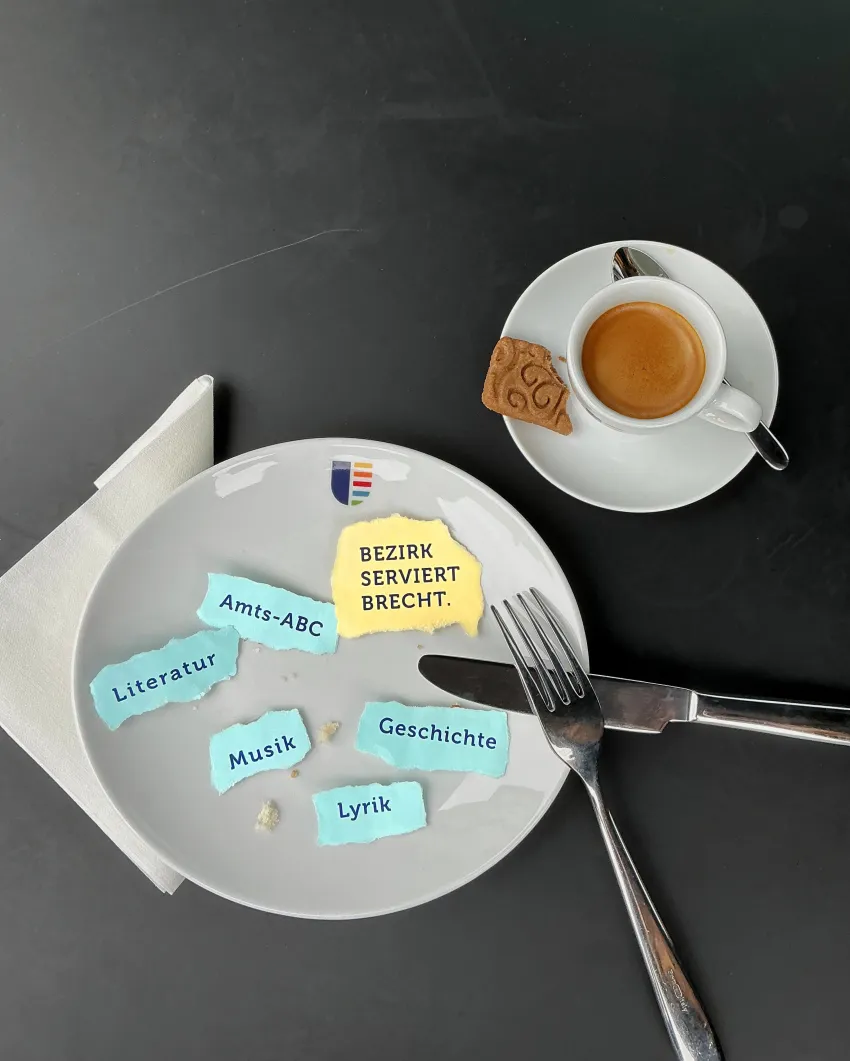 Ein Teller, auf dem Papierstücke mit den Worten „Literatur“, „Amts-ABC“, „Musik“, „Geschichte“, „Lyrik“ und „BEZIRK SERVIERT BRECHT“ liegen. Daneben eine Tasse Espresso mit angebissenem Keks.