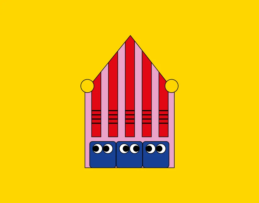 Illustration des Festivalzentrums vor gelbem Hintergrund.