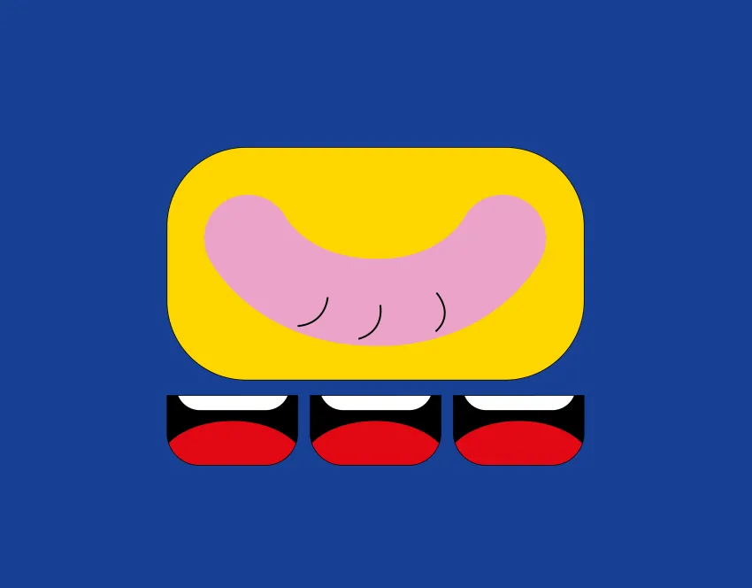 Illustration einer Weißwurst, unter der sich drei Münder vor blauem Hintergrund befinden.