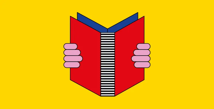 Illustration eines offenen roten Buches vor gelbem Hintergrund