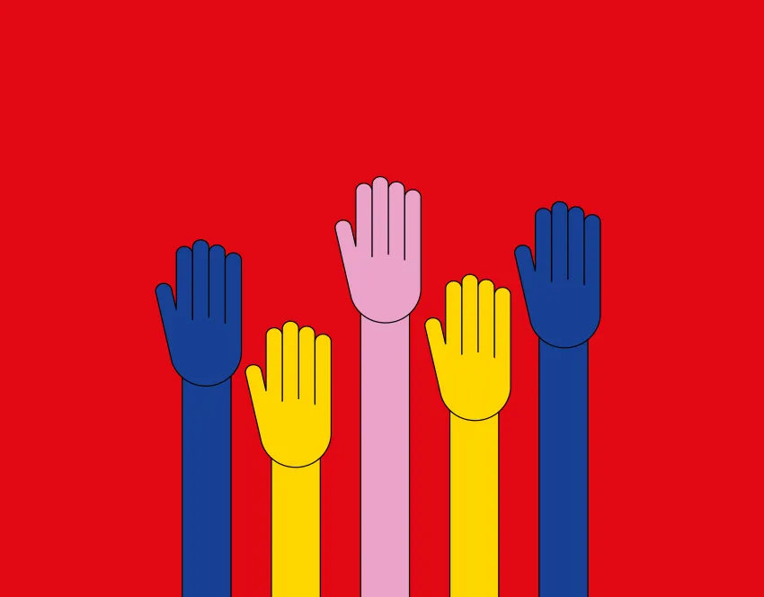 Fünf bunte Hände, die vor rotem Hintergrund nach oben ragen.