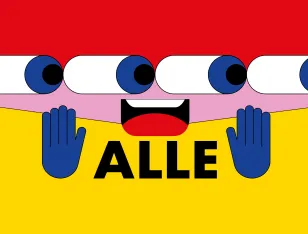 Illustration mit vier großen Augen, einem Mund, zwei blauen Händen sowie dem Wort ALLE auf gelbem Hintergrund.