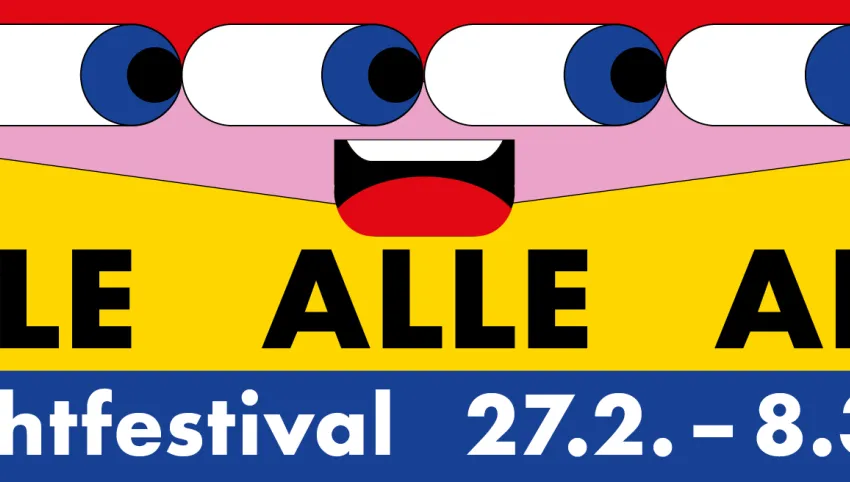 Bunte Illustration mit einem Augenpaar und einem geöffneten, lachenden Mund unter dem auf gelbem Grund ALLE steht, das Motto des Brechtfestivals 2026, und der Festivalzeitraum 27.2. bis 8.3.2026 sowie der
