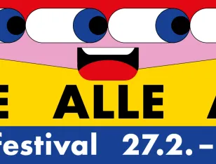 Bunte Illustration mit einem Augenpaar und einem geöffneten, lachenden Mund unter dem auf gelbem Grund ALLE steht, das Motto des Brechtfestivals 2026, und der Festivalzeitraum 27.2. bis 8.3.2026 sowie der